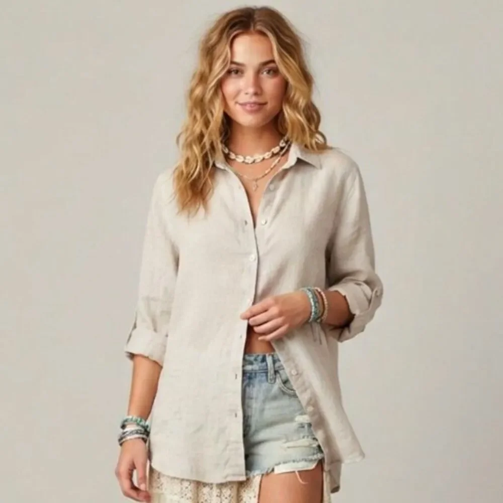 Talbots 100% Linen Natural Tunic Top Button Down Shirt LP Relaxed Coastal Beach